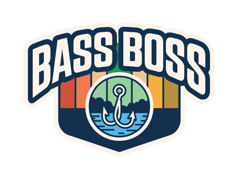 Bass hook icon integrates a fishing tool into a modern badge for outdoor brands.