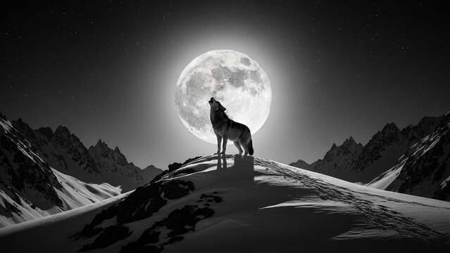 Silhouette of wolf howling at full moon over snowy mountain peak at night