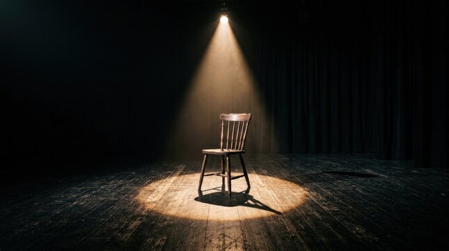A lone wooden chair sitting center stage under a single blazing spotlight in an otherwise pitch-black empty theatre, the beam of light carving through the darkness and casting a dramatic angular