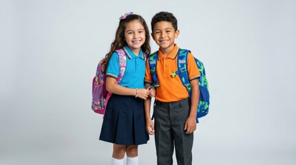 Fototapeta premium Happy diverse elementary school children with backpacks ready for the first day of school