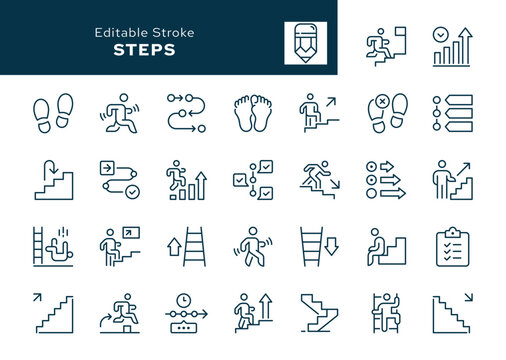 Steps. Set of outline icons. Ladder, shoe print, footprint, walk, run, stp over, stepping, upstairs, downstairs, stairs and more. Line icon in linear style. Vector collection	