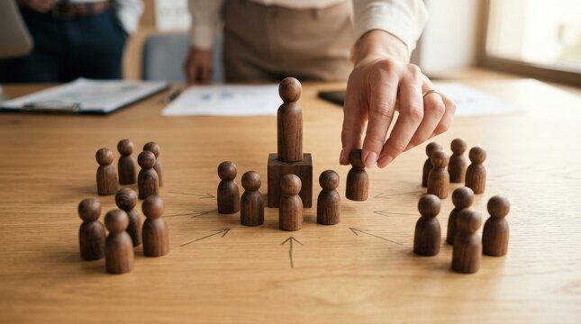 A human hand deliberately arranging small carved wooden person figurines on a smooth light wooden surface, the figurines positioned in an organized cluster with one central figure elevated on a small