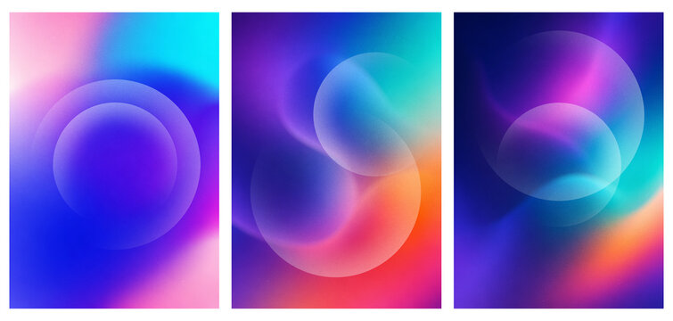 Set of 3 vertical gradient backgrounds with frosted glass circles and analog noise texture. Vivid hues &mdash; blue-purple, red-orange, deep navy. Perfect for posters, social media, and music covers.