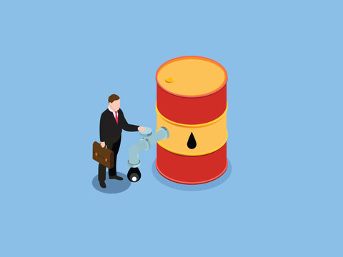 Businessman Controlling Oil Flow from Industrial Barrel 3d isometric vector illustration