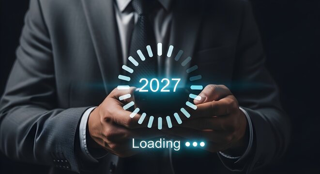 Person holding glowing digital loading screen displaying the year 2027 with a futuristic concept.