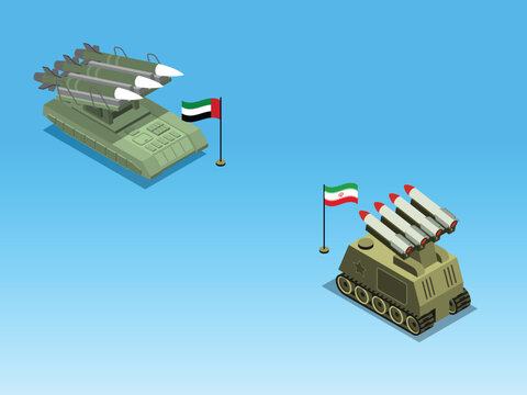 Isometric Military Missile Defense Systems Representing UAE and Iran Conflict 3d isometric vector illustration