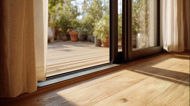 Stunning photo of close-up of a modern low-profile sliding glass door threshold track on a light oak wood floor leading to a terrace.