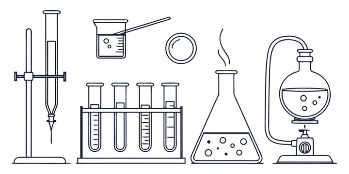 A set of laboratory equipment including beakers and test tubes in a vector graphic illustration
