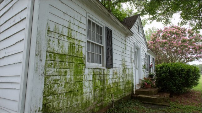 Stunning photo of dirty white house siding covered in green mold and mildew needing professional cleaning.