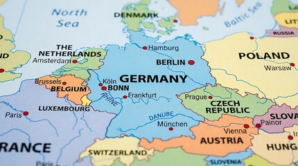 Naklejka premium Germany appears clearly on a colorful printed map highlighting major European cities and borders.