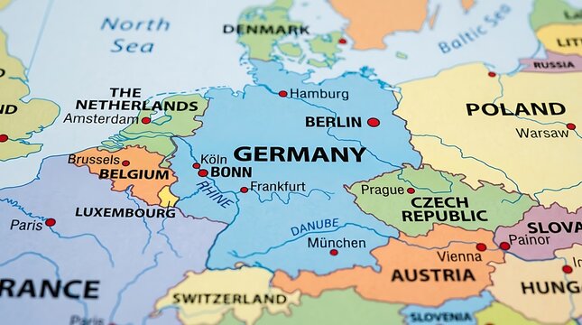 Germany appears clearly on a colorful printed map highlighting major European cities and borders.