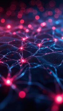 Brain synapse network in dark space with glowing neuron connections, symbolizing technology and intelligence.