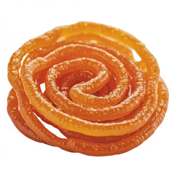 Single orange spiral shaped jalebi sweet snack isolated on a plain white background