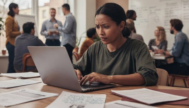 Midshot of a volunteer typing on a laptop concentration evident as grant proposal notes blend into the blurred busy room filled with supportive team members.