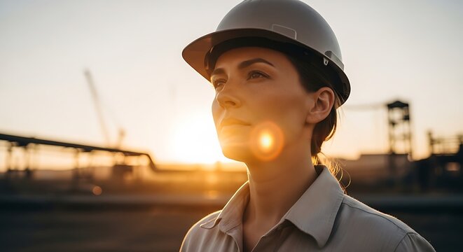A female engineer wearing a hard hat stands confidently at a construction site during sunset Diverse mining professionals promoting sustainable ESG corporate social responsibility goals.