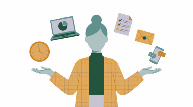 Conceptual illustration of a person managing work, time, and communication