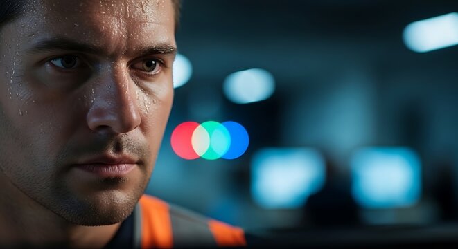 A close-up portrait of a focused man with sweat on his face in a modern industrial setting Diverse mining professionals promoting sustainable ESG corporate social responsibility goals.
