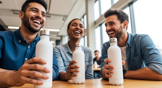 Three friends sitting at a table with reusable water bottles and smiling Diverse mining professionals promoting sustainable ESG corporate social responsibility goals.