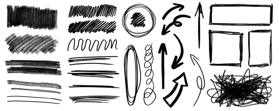 black pencil scribble drawing in doodle style. pencil or pen stroke textures, lines, circles and arrows isolatedo n white or transparent png