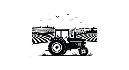 A striking black silhouette depicts a tractor in a field with birds flying overhead showcasing rural life silhouette high quality professional © GDOthoi02