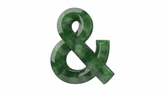 Three dimensional green marble ampersand sign with white veins isolated on a white background