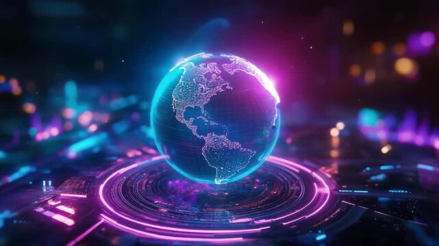 Neon-glowing digital earth with futuristic technology in virtual space
