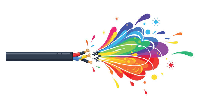 A vibrant explosion of rainbow colors erupts from a frayed electrical cable forming a dramatic silhouette high quality professional detailed modern