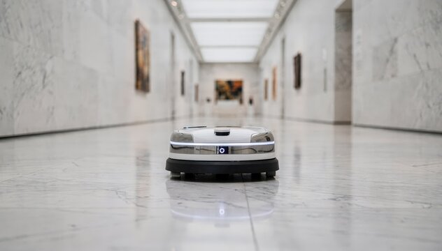 Compact robotic scrubber gliding smoothly down a polished marble gallery corridor main unit sharply focused while the background blurs gracefully.