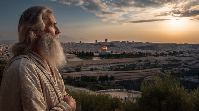 A panoramic biblical scene of elderly Isaiah standing on a hill overlooking Jerusalem at sunset, symbolizing his lifelong prophetic mission under glowing light.
