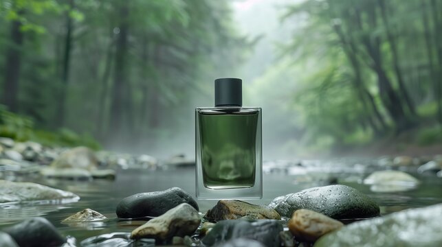 A cologne bottle sits on wet rocks in a forest stream surrounded by trees. Water flows gently around the rocks as mist rises in the early morning