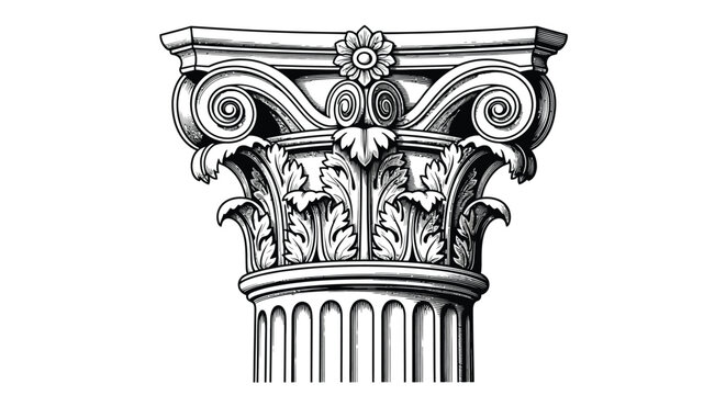 An intricate black and white illustration of a classical ionic order column capital with floral details