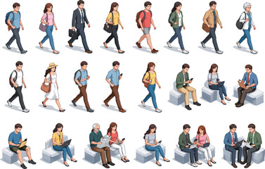 Obraz premium Isometric Vector People Set Featuring Walking and Sitting Figures with Shadows