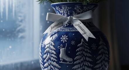Obraz premium Blue porcelain vase with winter designs, ribboned 
