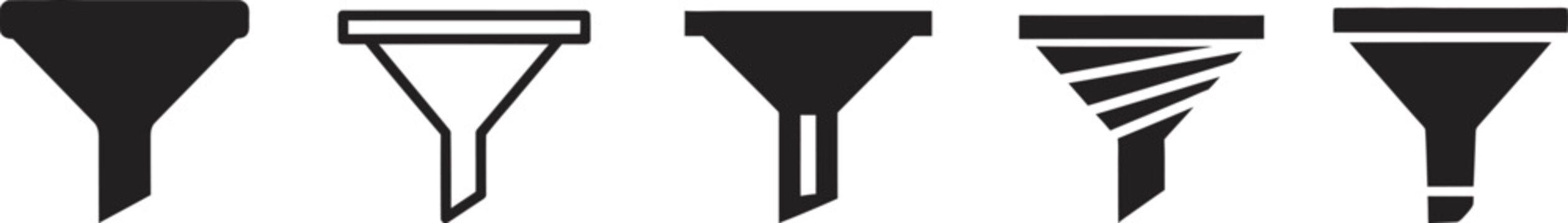 Variety of black filter icons funnels strainers and filter labels in a minimalist design