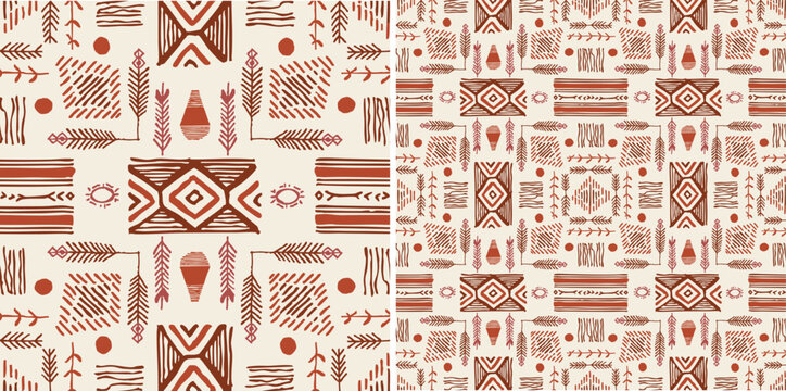 Seamless Southwestern Tribal Geometric Pattern in Terracotta Brown, Hand Drawn Boho Folk Repeat Background