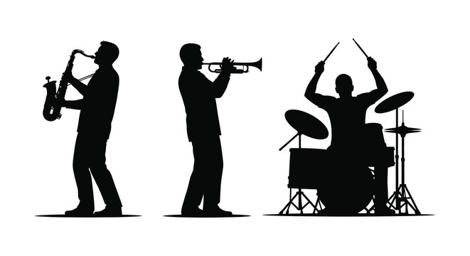 A striking black silhouette depicts a jazz trio performing with a saxophone trumpet and drum set silhouette high quality professional detailed