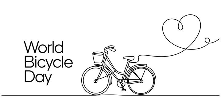 A single continuous line drawing of a city bicycle creating a heart shape on a white background