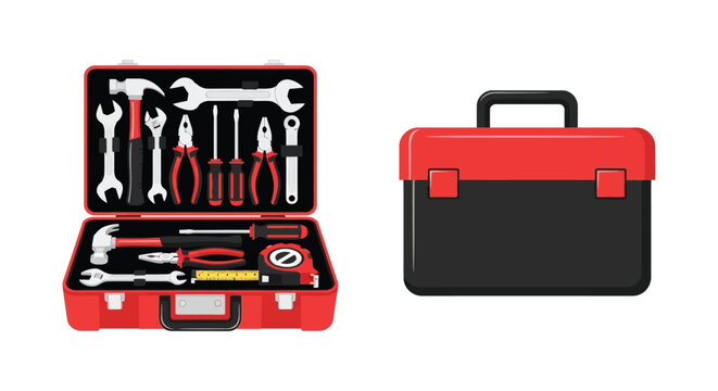 A red toolbox is displayed open revealing various hand tools including wrenches pliers and a hammer silhouette high quality professional detailed
