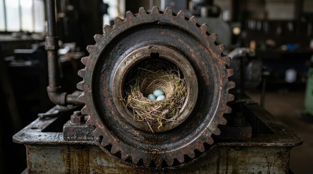 Nestled in Gears: Nature finds a home amidst industry, as a delicate bird's nest cradles robin eggs within the gears of an industrial machine, symbolizing resilience and the surprising harmony