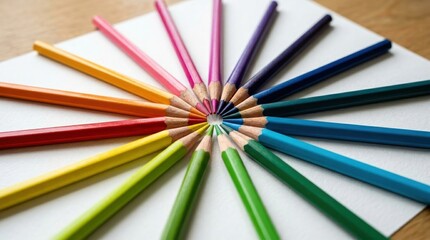 Fototapeta premium Colorful Pencils on Paper: A vibrant array of sharpened colored pencils arranged in a circular pattern on a pristine sheet of paper. Invoking creativity and artistic potential.