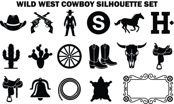 Collection of wild west cowboy silhouette icons featuring a hat, guns, cowboy letter s horse letter h cactus cacti wagon wheel boots bull skull saddle bell rope animal pelt and ornate