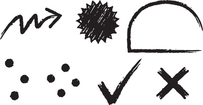 Sketch line frames, pointers. Doodle arrow, circle, oval and square shape frame, check mark elements. Freehand black marker, pen underline and navigation symbols.