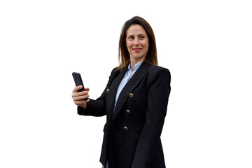 Fototapeta premium Confident businesswoman using smartphone, communicating and networking with technology, isolated on transparent background