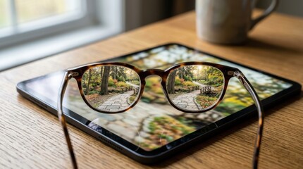 Fototapeta premium Vision Through Lenses: A pair of stylish eyeglasses reflects a scenic forest pathway on the screen of a tablet, resting on a wooden surface, next to a mug.