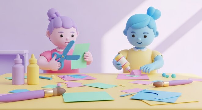 Kids making craft projects at table. Two cartoon character children cutting paper and gluing shapes. Online learning lesson or creative home school activity for development and education.
