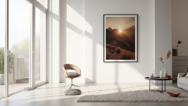 This image depicts a contemporary living room with minimalistic design, featuring large windows that allow for abundant natural light. The room is adorned with a stunning abstract artwork that adds a