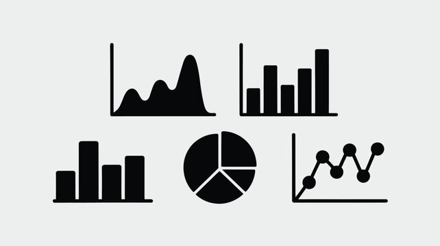 Collection of black graph icons including line charts bar graphs and pie chart on white background