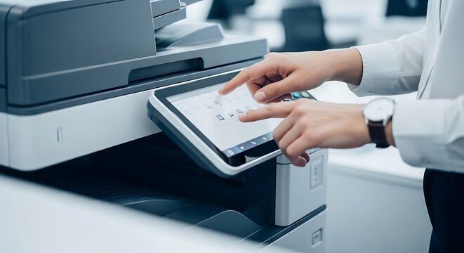 A person's hands using the touch screen of a modern office multifunction printer