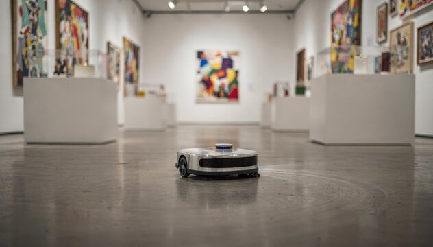 Detailed medium shot of a compact robotic cleaner working around gallery pedestals the robot and floor sharply focused while abstract art and wall textures dissolve subtly into the