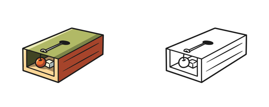 Illustrations of a wooden humane animal trap in flat green and brown colors and a black line art style with a bait apple inside used for catching pests or small rodents